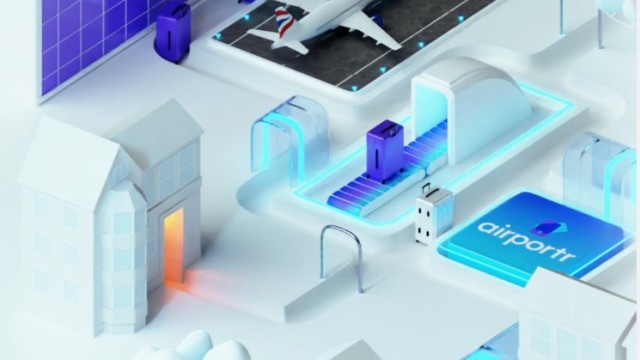 Illustration zeigt digitalen Gepäckservice von Haustür bis Flugzeug mit „airportr“-Logo.